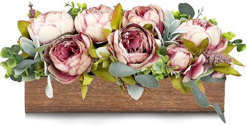 قطع مركزية لطاولة الزهور لحفلات الزفاف المصنوعة مسبقًا من الفاوانيا الاصطناعية والكوبية لتزيين طاولة الطعام صينية خشبية مع زهور وهمية لغرفة المعيشة والمكتب وطاولة المطبخ (وردي) in Kuwait