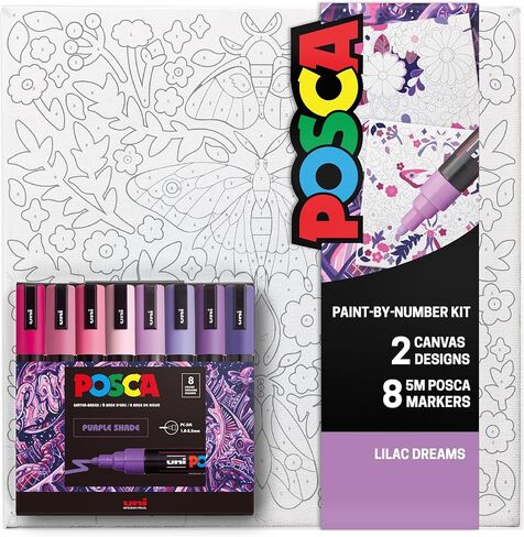 POSCA Canvas Paint by Number Kit, Lilac Dream - 8 Markers with 2 Pre-Drawn Canvases - For All Artists and Holiday Gifting in Saudi Arabia