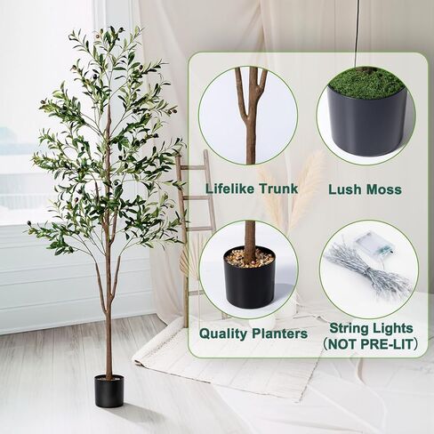 Olive Tree, 6FT Tall Faux Olive Tree with Moss and Planter, Olive Trees Artificial Indoor with Realistic Wood Trunk and Lifelike Fruits, Fake Olive Tree for Home Office Living Room Decor in Saudi Arabia