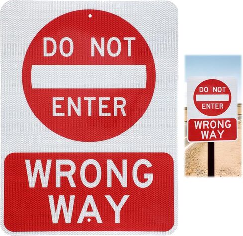 Blulu 1 Pcs 24" x 18" Do Not Enter Wrong Way Metal Sign 80 Mil Aluminum Laminated Intensity Grade Reflective Rust Free Weatherproof Signage Do Not Enter Sign Outdoor for Road Traffic Safety Warning in Saudi Arabia