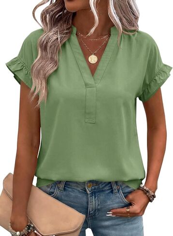 Tankaneo Womens Ruffle Cap Sleeve Tops Summer V Neck Cotton Blouse Dressy Casual Loose Fit Curved Hem T Shirts in Saudi Arabia