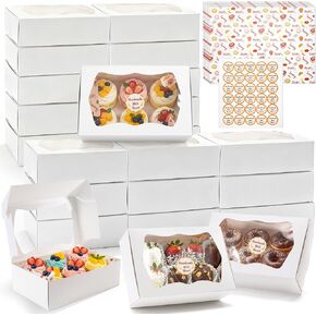 30 Pack Bakery Boxes with Window, 9.5"×6"×3" Cookies Box with Wax Paper, Paperboard Pie Cake Treat Boxes with 30 Stickers, Bakery Gift Box Container for Dessert Mini Cake Pastry Birthday in Kuwait