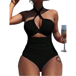 SHENHE Women's One Piece Swimsuit Tummy Control High Waist Cut Out Criss Cross Halter Bathing Suit in Kuwait
