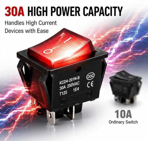 30A 250V Rocker Switch, Heavy Duty DPST 4 Pin ON/Off Lighted Switch, Red Illuminated 120V AC, Snap-in Panel Mount 30x22mm, for Appliance, Treadmill, Coffee Maker (2 Pack) in Saudi Arabia