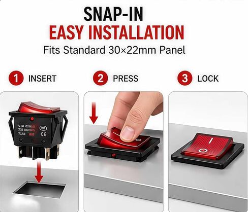 30A 250V Rocker Switch, Heavy Duty DPST 4 Pin ON/Off Lighted Switch, Red Illuminated 120V AC, Snap-in Panel Mount 30x22mm, for Appliance, Treadmill, Coffee Maker (2 Pack) in Saudi Arabia