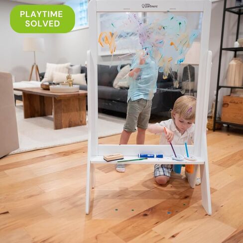 Little Partners Peek-A-Boo Art Toddler Easel, Children's Two-Sided Adjustable Height Clear Acrylic Paint Station for Kids with Built-in Storage, Eraser, Paint Containers (White) in Saudi Arabia
