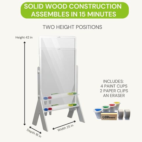Little Partners Peek-A-Boo Art Toddler Easel, Children's Two-Sided Adjustable Height Clear Acrylic Paint Station for Kids with Built-in Storage, Eraser, Paint Containers (White) in Saudi Arabia