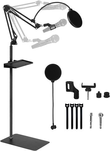 ذراع الميكروفون بحامل أرضي لـ Blue Yeti، Nano، Snowball، HyperX QuadCast، SM7B MV7، Fifine K688 والمزيد من الميكروفون، حامل مشبك حامل ميكروفون بوم مع برغي 3/8 بوصة إلى 5/8 بوصة 1/4 بوصة، ربطات كابل بمشبك ميكروفون مرشح بوب، صينية in Kuwait