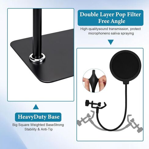 ذراع الميكروفون بحامل أرضي لـ Blue Yeti، Nano، Snowball، HyperX QuadCast، SM7B MV7، Fifine K688 والمزيد من الميكروفون، حامل مشبك حامل ميكروفون بوم مع برغي 3/8 بوصة إلى 5/8 بوصة 1/4 بوصة، ربطات كابل بمشبك ميكروفون مرشح بوب، صينية in Kuwait