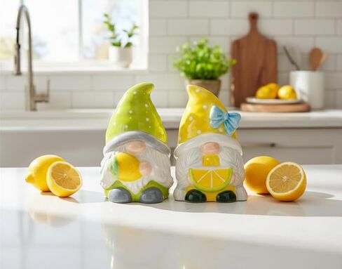 Fine Ceramic Summer Lemon Lime Cool Gnome Couple Salt & Pepper Shakers Set, 3-5/8" H in Saudi Arabia
