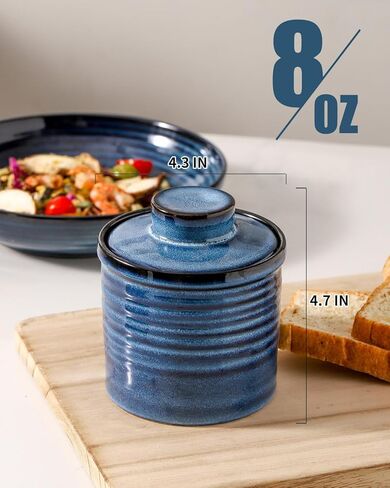 Ceramic Butter Crock, Butter Dish with Lid, Pottery Butter Container for Countertop, French Butter Keeper for Kitchen, Butter Holder for Fresh Spreadable Butter, Blue in Saudi Arabia