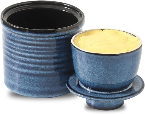 وعاء زبدة سيراميك، طبق زبدة مع غطاء، حاوية زبدة فخارية للمنضدة، حافظة زبدة فرنسية للمطبخ، حامل زبدة للزبدة الطازجة القابلة للدهن، أزرق in Kuwait