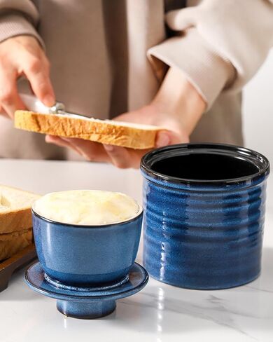 وعاء زبدة سيراميك، طبق زبدة مع غطاء، حاوية زبدة فخارية للمنضدة، حافظة زبدة فرنسية للمطبخ، حامل زبدة للزبدة الطازجة القابلة للدهن، أزرق in Kuwait