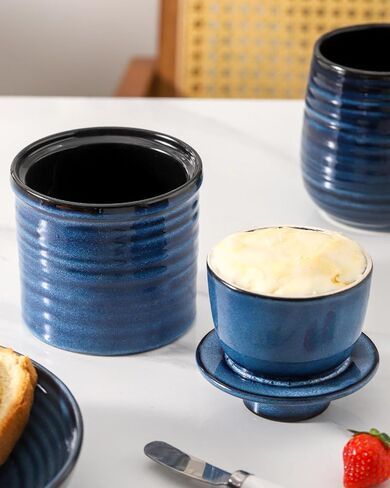 وعاء زبدة سيراميك، طبق زبدة مع غطاء، حاوية زبدة فخارية للمنضدة، حافظة زبدة فرنسية للمطبخ، حامل زبدة للزبدة الطازجة القابلة للدهن، أزرق in Kuwait