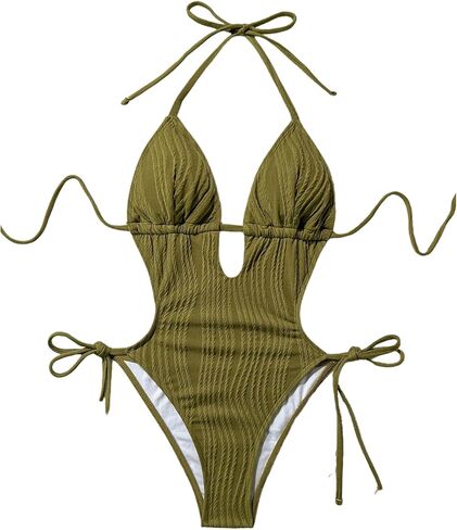 OYOANGLE Women's Textured Halter Monokini One Piece Swimsuits Tie Backless Cut Out Beach Leotard in Saudi Arabia