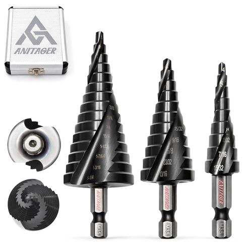 مجموعة رؤوس مثقاب Unibit Step (3 قطع) M35 Cobalt HSS TiAlN - ما يصل إلى 1-1/4 بوصة (32 مم كحد أقصى) - أخدود حلزوني للفولاذ المقاوم للصدأ والصفائح المعدنية والبلاستيك، ساق سداسية 1/4 بوصة، علبة من الألومنيوم in Saudi Arabia
