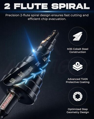 مجموعة رؤوس مثقاب Unibit Step (3 قطع) M35 Cobalt HSS TiAlN - ما يصل إلى 1-1/4 بوصة (32 مم كحد أقصى) - أخدود حلزوني للفولاذ المقاوم للصدأ والصفائح المعدنية والبلاستيك، ساق سداسية 1/4 بوصة، علبة من الألومنيوم in Saudi Arabia