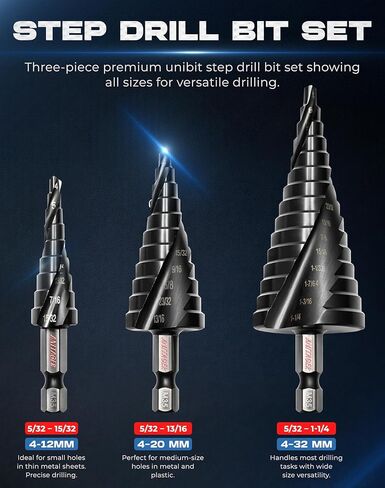 مجموعة رؤوس مثقاب Unibit Step (3 قطع) M35 Cobalt HSS TiAlN - ما يصل إلى 1-1/4 بوصة (32 مم كحد أقصى) - أخدود حلزوني للفولاذ المقاوم للصدأ والصفائح المعدنية والبلاستيك، ساق سداسية 1/4 بوصة، علبة من الألومنيوم in Saudi Arabia