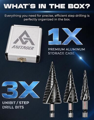 مجموعة رؤوس مثقاب Unibit Step (3 قطع) M35 Cobalt HSS TiAlN - ما يصل إلى 1-1/4 بوصة (32 مم كحد أقصى) - أخدود حلزوني للفولاذ المقاوم للصدأ والصفائح المعدنية والبلاستيك، ساق سداسية 1/4 بوصة، علبة من الألومنيوم in Saudi Arabia