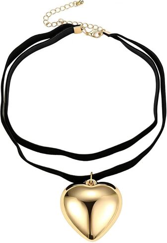 Gold Puffy Love Choker Necklace for Women, Large Chunky Adjustable Heart Pendant Velvet Chain Necklaces for Y2k Fashion Jewelry Gifts in Saudi Arabia