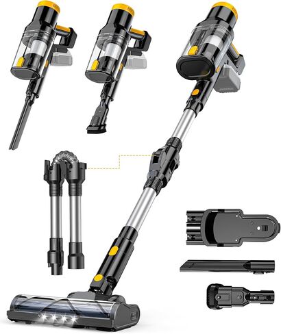 مكنسة كهربائية لاسلكية LIVOWALNY متوافقة مع بطارية DeWalt 20V، شفط 350W بدون فرش 40kPa، كوب غبار مزدوج 0.8 لتر، فرشاة أرضية LED وعصا مرنة 180 درجة للخشب الصلب والسجاد (البطارية غير متضمنة) in Kuwait