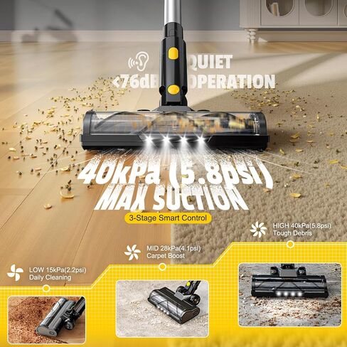 مكنسة كهربائية لاسلكية LIVOWALNY متوافقة مع بطارية DeWalt 20V، شفط 350W بدون فرش 40kPa، كوب غبار مزدوج 0.8 لتر، فرشاة أرضية LED وعصا مرنة 180 درجة للخشب الصلب والسجاد (البطارية غير متضمنة) in Kuwait