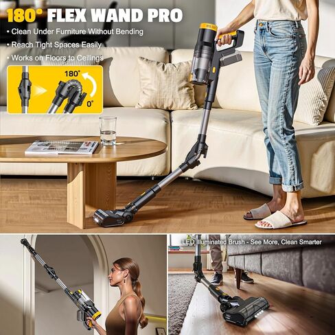 مكنسة كهربائية لاسلكية LIVOWALNY متوافقة مع بطارية DeWalt 20V، شفط 350W بدون فرش 40kPa، كوب غبار مزدوج 0.8 لتر، فرشاة أرضية LED وعصا مرنة 180 درجة للخشب الصلب والسجاد (البطارية غير متضمنة) in Kuwait