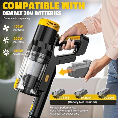 مكنسة كهربائية لاسلكية LIVOWALNY متوافقة مع بطارية DeWalt 20V، شفط 350W بدون فرش 40kPa، كوب غبار مزدوج 0.8 لتر، فرشاة أرضية LED وعصا مرنة 180 درجة للخشب الصلب والسجاد (البطارية غير متضمنة) in Kuwait