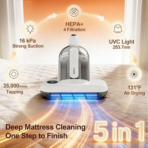 TER Bed Vacuum Cleaner, Smart Dust Sensor, HEPA Filter, 16Kpa Strong Suction & 35000 RPM Tapping, 131°F Heat, 5-in-1 Deep Cleaning Mattress Vacuum Cleaner UV for Bed/Couch/Pet Hair (Corded) in Saudi Arabia
