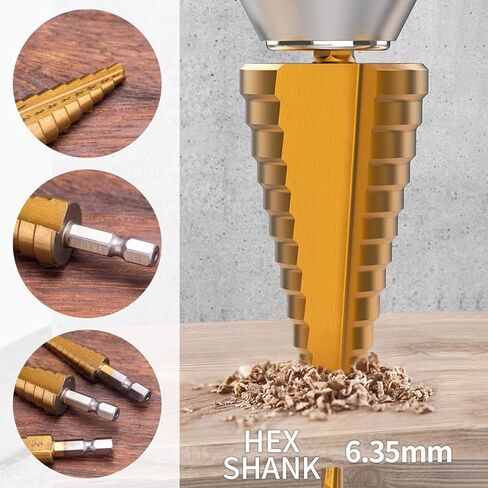 3PC Step Drill Bit Set, 1/4" Hex Shank High-Speed Steel Spiral Grooved Step Drill Bit for Sheet Aluminium Metal Wood Hole Drilling, 31 Step Sizes Taper Drill bit Set for DIY Lovers in Saudi Arabia
