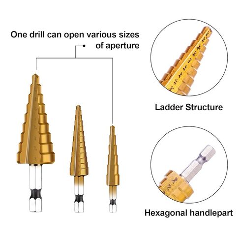 3PC Step Drill Bit Set, 1/4" Hex Shank High-Speed Steel Spiral Grooved Step Drill Bit for Sheet Aluminium Metal Wood Hole Drilling, 31 Step Sizes Taper Drill bit Set for DIY Lovers in Saudi Arabia