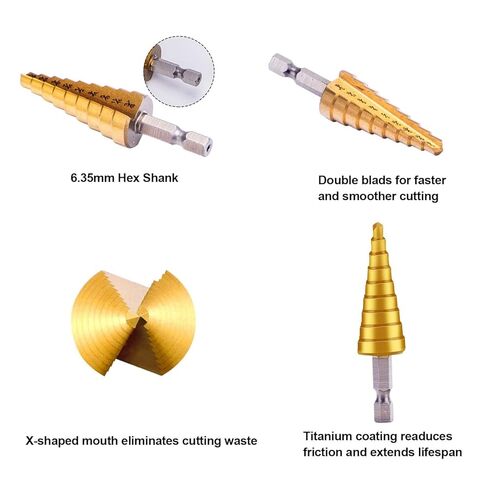 3PC Step Drill Bit Set, 1/4" Hex Shank High-Speed Steel Spiral Grooved Step Drill Bit for Sheet Aluminium Metal Wood Hole Drilling, 31 Step Sizes Taper Drill bit Set for DIY Lovers in Saudi Arabia