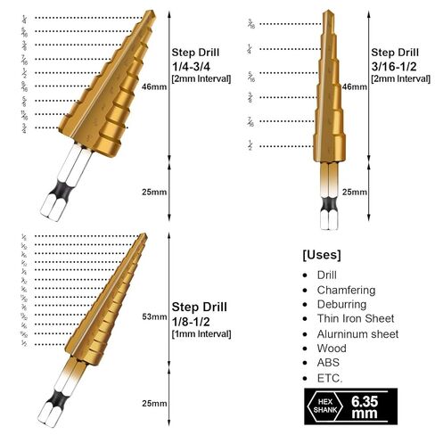 3PC Step Drill Bit Set, 1/4" Hex Shank High-Speed Steel Spiral Grooved Step Drill Bit for Sheet Aluminium Metal Wood Hole Drilling, 31 Step Sizes Taper Drill bit Set for DIY Lovers in Saudi Arabia