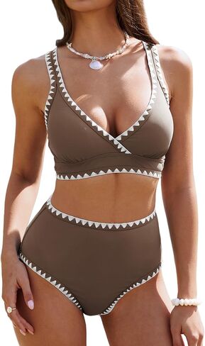 ZAFUL Womens High Waisted Bikini Sets Floral Print Whip Stitch 2 Piece Swimsuits V-Neck Crisscross Tie Back Bathing Suit in Saudi Arabia