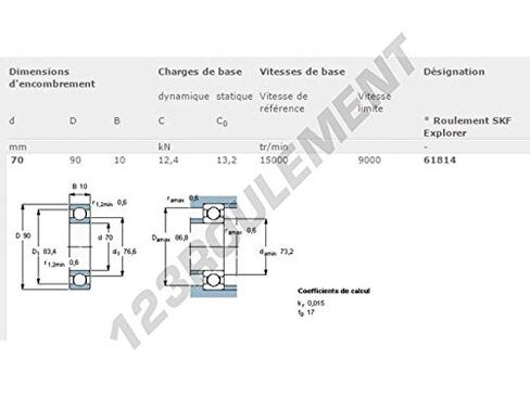 SKF 61814Skf Radial Bearing, Single Row, Deep Groove Design, ABEC 1 Precision, Open, Normal Clearance, Brass Cage, 70 mm Bore, 90 mm OD, 10 mm Width in Saudi Arabia