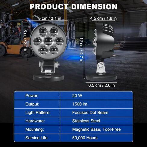LED Forklift Safety Light Blue Spot Light with Magnetic Mount, DC10–80V Wide Voltage, IP68 Waterproof, Aluminum Housing, Compact Easy‑Mount Warning for Forklift/AGV Warehouse Safety in Saudi Arabia