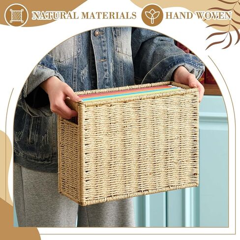 Seagrass Hanging File Box 14.5 x 6 x 10.8 Inch Decorative File Basket Woven Document Organizer with Handle Collapsible Letter Size Filing for Office Home Storage Decor in Saudi Arabia