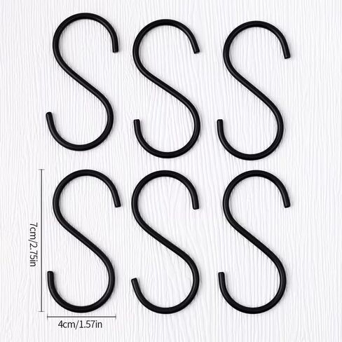 6pcs Stainless Steel S-Shaped Hooks, Heavy Duty Metal Hooks, Non-Slip Durable Construction, Sturdy Design, Multi-Purpose Wardrobes Garden Kitchen Accessories, Black in Saudi Arabia