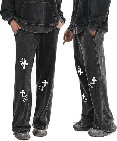 Mens Christian Wide Leg Sweatpants Graphic Straight Baggy Drawstring Acid Wash Joggers Workout Pants with Pockets in Saudi Arabia