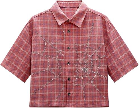 GORGLITTER Men's Gingham Cropped Shirt Button Up Y2K Rhinestone Short Sleeve Boxy Collared Plaid Streetwear Crop Tops in Saudi Arabia