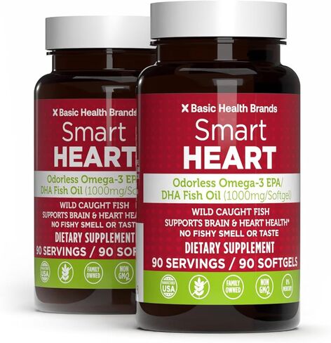 Basic Brands Smart Heart Odorless Omega-3 Fish Oil 1000mg - Triple Strength EPA & DHA, Non-GMO, Heart & Cognitive Support - 90 Burpless Softgels - 2-Pack in Saudi Arabia