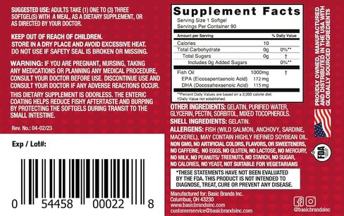 Basic Brands Smart Heart Odorless Omega-3 Fish Oil 1000mg - Triple Strength EPA & DHA, Non-GMO, Heart & Cognitive Support - 90 Burpless Softgels - 2-Pack in Saudi Arabia