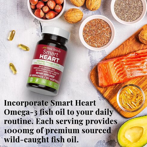 Basic Brands Smart Heart Odorless Omega-3 Fish Oil 1000mg - Triple Strength EPA & DHA, Non-GMO, Heart & Cognitive Support - 90 Burpless Softgels - 2-Pack in Saudi Arabia