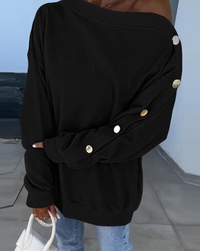 Womens Drop Shoulder Sweatshirt Skew Neck Buttoned Long Sleeve Casual Versatile Pullover Top Daily Streetwear in Saudi Arabia