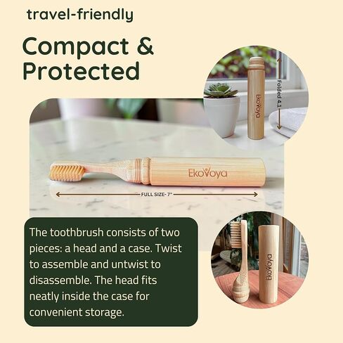 Bamboo Screwable Toothbrush with Case, 2-Piece Design, Soft BPA-Free Bristles, Natural Compact Travel Toothbrush for Camping & Daily Use in Saudi Arabia