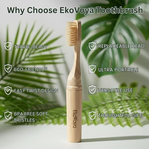 Bamboo Screwable Toothbrush with Case, 2-Piece Design, Soft BPA-Free Bristles, Natural Compact Travel Toothbrush for Camping & Daily Use in Saudi Arabia
