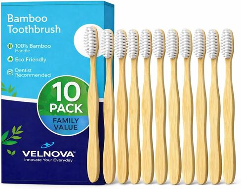 Pure Bamboo Toothbrushes (10 Pack) – Soft BPA-Free Bristles, Eco-Friendly Biodegradable Wooden Handle, Vegan & Plastic-Free Toothbrush for Adults & Kids, Sustainable Oral Care in Saudi Arabia