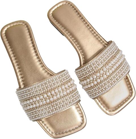 Verdusa Women's Rhinestone Slip on Dressy Sandals Vacation Square Open Toe Leather Prom Flats in Saudi Arabia