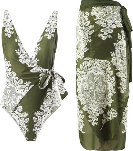 Women's One Piece Swimsuit with Cover Up Vintage Floral Print V Neck Adjustable Straps Tummy Control Swimwear in Saudi Arabia