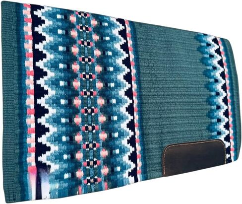 Western Saddle Pad, Teal with Geometric Pattern, Pink and Navy Accents, Leather Wear Leathers in Saudi Arabia